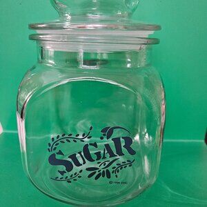 anchor hocking sugar jar cannister with lid and blue wording 1990